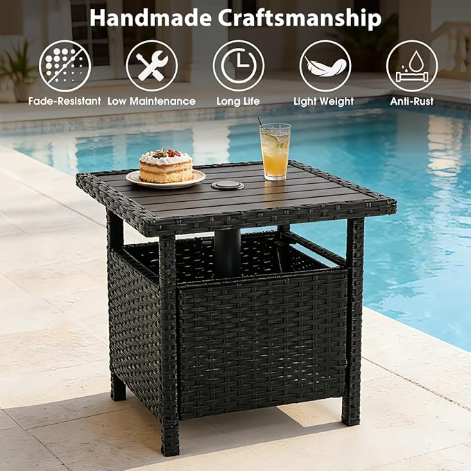 Sundale Outdoor Patio Umbrella Stand All Weather Wicker Rattan 22 in Umbrella Table Garden Furniture Deck Pool Table, Black