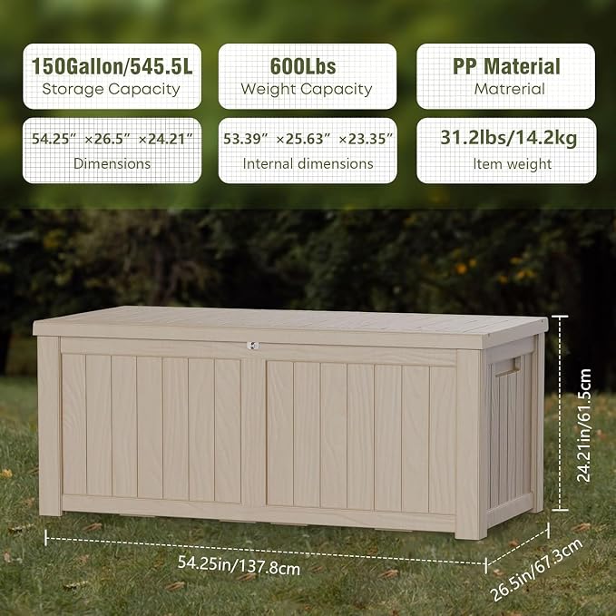 150 Gallon Outside Storage Box & Bench,Lockable&Waterproof Storage Organizer for Patio Furniture Accessories, Indoor Storage for Cushion, Slate Grey