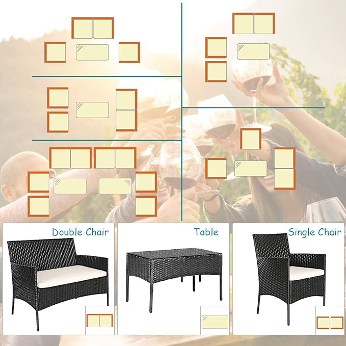 Tangkula 8 Piece Patio Furniture Set, Outdoor Wicker Conversation Set with Tempered Glass Coffee Table, Rattan Loveseat & Chairs Set with Seat Cushions for Backyard, Garden, Poolside (2, Beige)