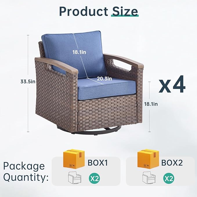 Luxury Outdoor Swivel Rocker Patio Chairs Set of 4 - Heavy Duty 4 Piece Patio Furniture Set All Weather Wicker Glider Set with Comfort Thick Cushion for Porch, Poolside and Deck - Blue