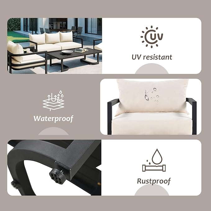 4-Piece Outdoor Steel Sofa Set, All Weather Patio Conversation Set with 1 Love Sofa, 2 Single Sofas, Coffee Table, Waterproof Cushions, Suitable for Backyard, Poolside Gardens (Beige-Z)