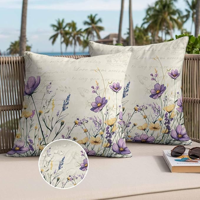 Spring Floral Outdoor Waterproof Throw Pillow Covers Set of 2, 26"x26", Purple Yellow Flower Leaves Retro Letter Texture Decorative Pillow Covers Outside Cushion Case for Patio Porch Garden