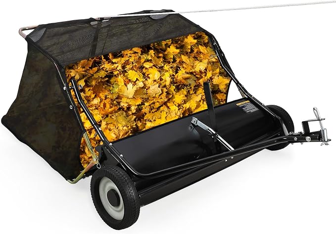 Tow Behind Lawn Sweeper, 48" Pull Behind Collector – Large Capacity Leaf & Grass Collector with Adjustable Height, Dumping Rope Design for Debris and Lawn Clippings
