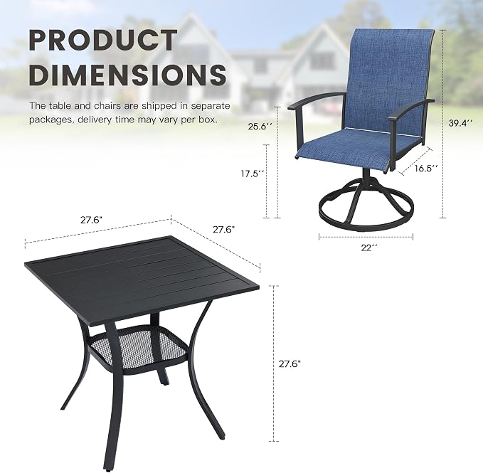 3 Pieces Small Outdoor Dining Set, 27.5" Square Small Patio Table and Patio Swivel Chairs for Backyard Deck Garden, Black Table and Dark Blue Chairs