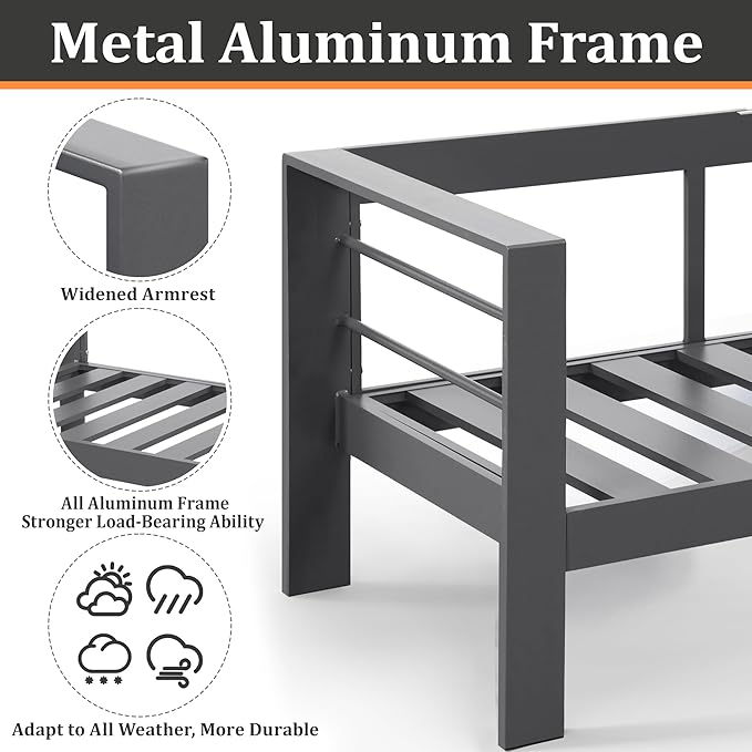 Patio Conversation Sets, Aluminum Outdoor Couch with Outdoor Coffee Table, All-Weather Metal Patio Couch with 5" Thick and Soft Cushion and Wide Arm, Outdoor Sofa Sets for Balcony, Porch, Dark Gray