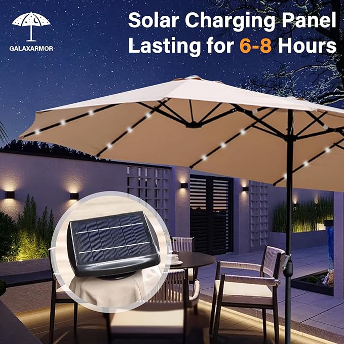 15ft Double Sided Patio Umbrella with Solar Lights, Outdoor Large Umbrellas with Crank Handle and 36 LED Lights, Rectangular Market Umbrella with Base Included for Deck Pool Shade (With Base)