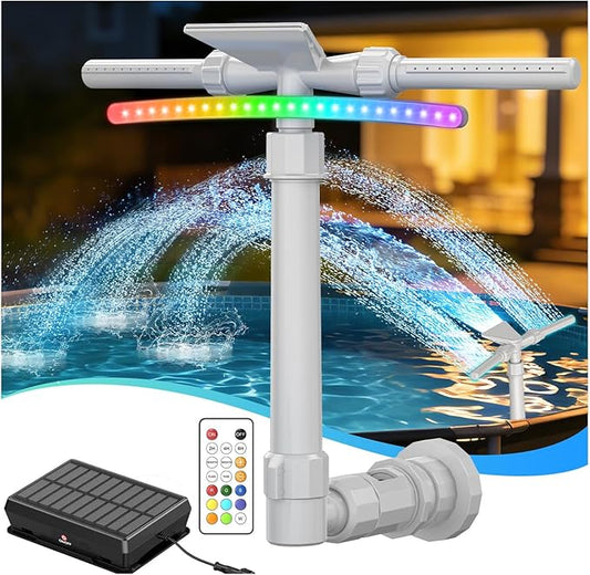 Mooroer Solar Pool Fountain with 9-Color LED Lights, Dual-Head Adjustable Waterfall Sprinkler, Cools Water 10-20°F, Remote Control & Light Sensor for Above/Inground Pools, Relaxation & Party Decor