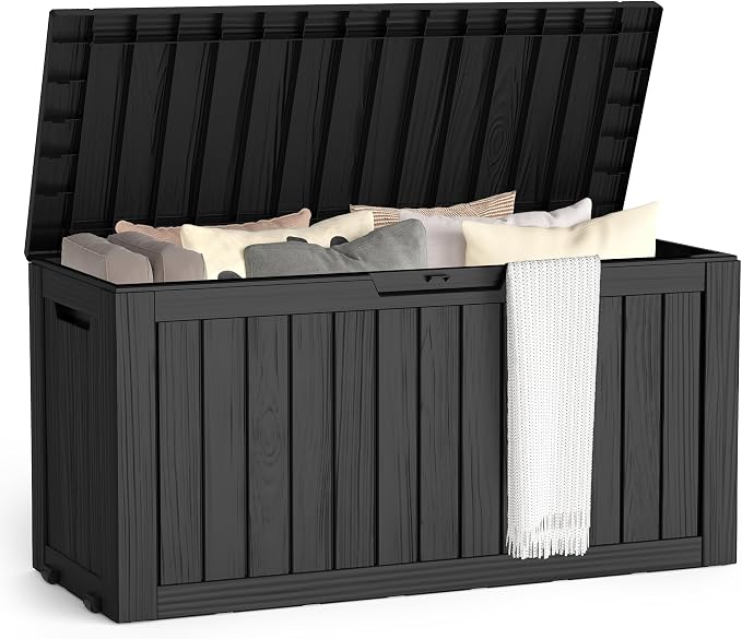 Outdoor Storage Box, 75 Gallon Waterproof Deck Boxes, Resin, Lockable Pool Deck Box for Garden Tools, Patio,Pool Accessories, Cushions, Large Delivery Boxes with Handle，Weatherproof & UV-Resistant