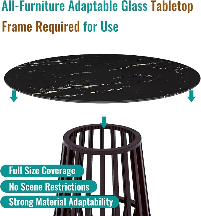 28" Round Tempered Glass Table Top, Marble Glass Surface Protector Heat & Scratch Resistant Multipurpose for Dining, Coffee, Restaurant, Office and End Table (Black Marble Pattern, 28 Inch)