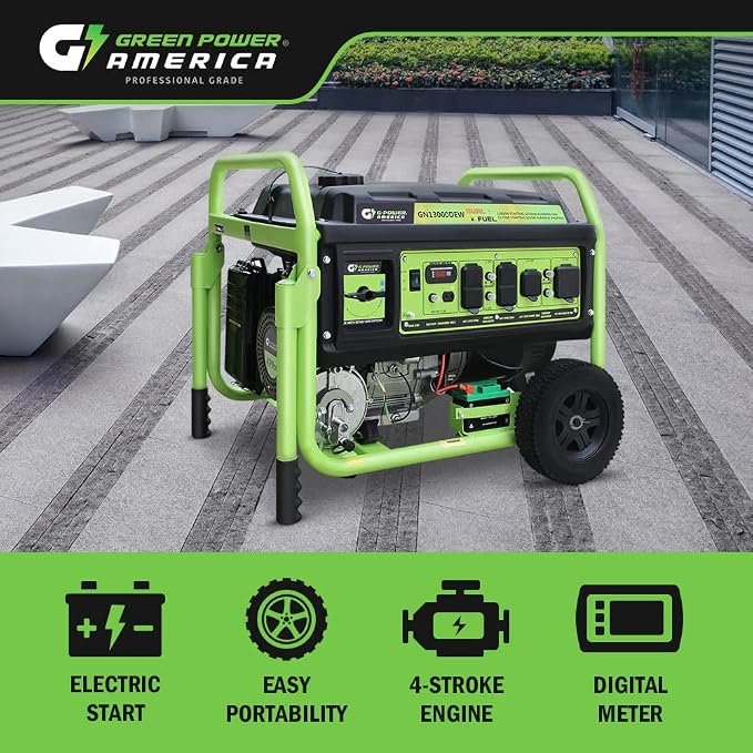Green-Power America Portable Generator GN13000DEW 13000 Watt Gas & Propane Dual Fuel Electric Start RV Ready 50A Outlet - Home Emergency Backup Camping & Outdoor Residential Use - Safe & Reliable
