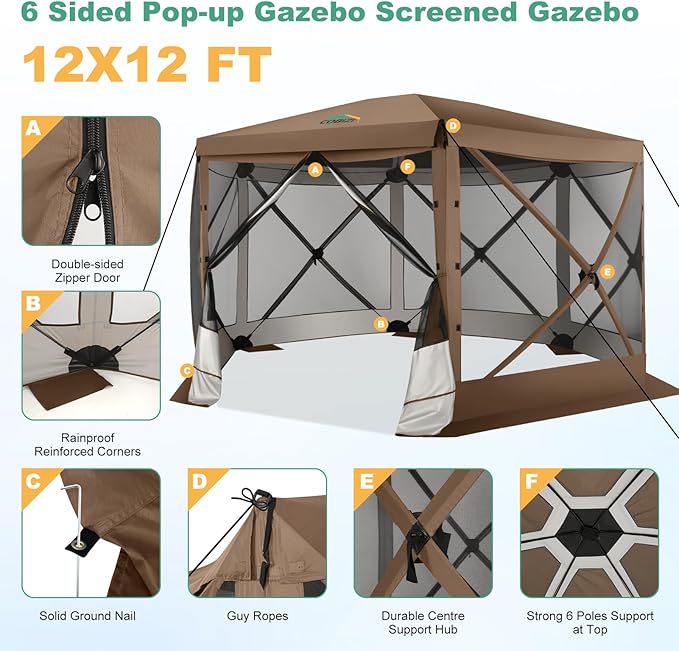 COBIZI 12x12 FT Pop Up Canopy Extendable Tent, Gazebos On Clearance with Removable Roof,Screened in Gazebo,Screen Tents Portable carpas para Patio for Outdoor Camping,Backyard, Garden,Brown(Upgraded)