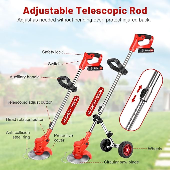 Electric Weed Wacker Cordless Weed Eater Battery Powered 21V, 4-in-1 Brush Cutter/String Trimmer/Grass Trimmer/Lawn Mower, 6 inch Edger Stringless Weed Trimmer with Wheel & Blade, 2 Battery(Red)