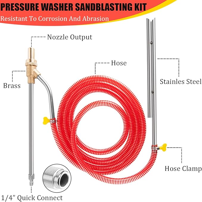 Pressure Washer Sandblasting Kit, Power Washer Sandblasting Kit, 5000 PSI Wet Sandblaster Attachment, Sand Blaster for Pressure Washer with 1/4 Inch Quick Disconnect Sandblasting Kit