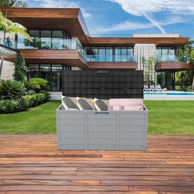 75gal 260L Outdoor Garden Plastic Storage Deck Box Chest Tools Cushions Toys Lockable Seat Grey