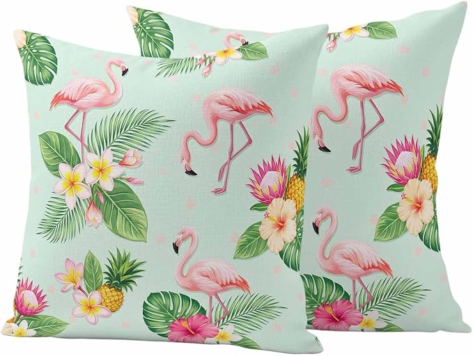 Pink Flamingos Outdoor Pillow Covers 24"x24" Set of 2, Summer Tropical Yellow Pineapples Green Palm Leaf Waterproof Throw Pillow Covers for Patio Furniture, Decorative Cushion Covers for Porch