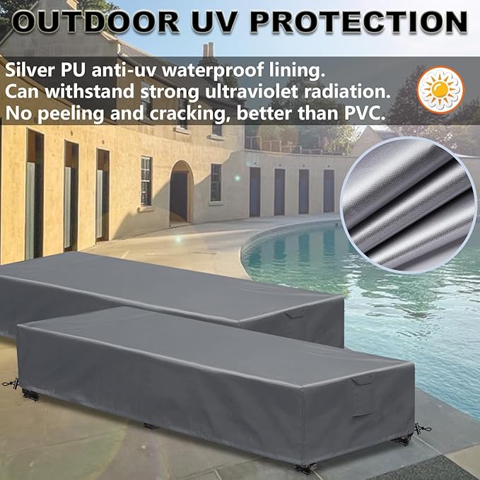 Outdoor Lounge Chair Cover Waterproof 2 Pack Patio Chaise Lounge Covers 600D Weather Resistant Material, UV Protection, Windproof Design Patio Furniture Covers 80 x 28 x 14 H Inch,Grey