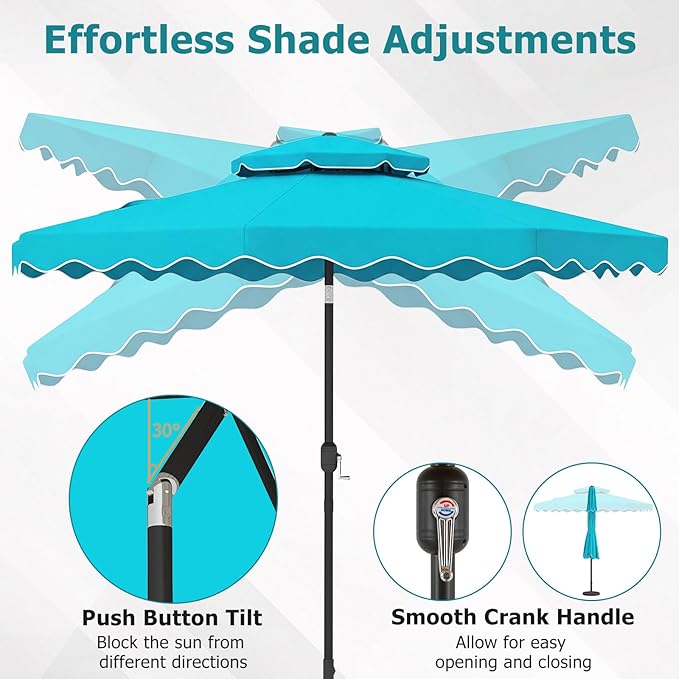 Happygrill 9 FT Patio Umbrella, Scalloped Outdoor Table Market Umbrella with Push Button Tilt & Crank, 2-Tier Vented Top, Heavy-Duty 8 Metal Ribs, Sun-Protective Canopy, Ruffle for Deck Pool Garden (Turquoise)