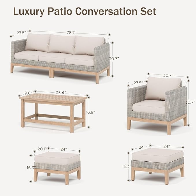 PHI VILLA All Weather Wicker Patio Furniture Sets, 5 Pieces Outdoor Natural Rattan Sectional Sofa Conversation Set with Acacia Wood Coffee Table & Waterproof Cushions, 2 Ottomans for Apartment Balcony