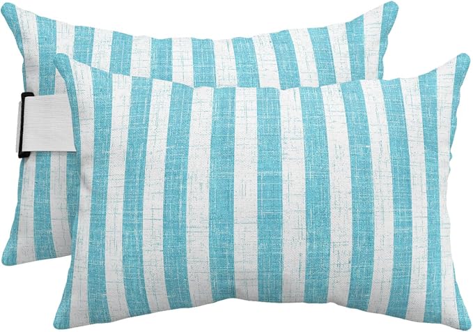 Outdoor Pillows with Insert 2 Pack-11"x16" Teal Stripes Head Pillow for Pool Lounger and Office Chair Modern Farmhouse Linen Texture Lumbar Pillow with Adjustable Strap