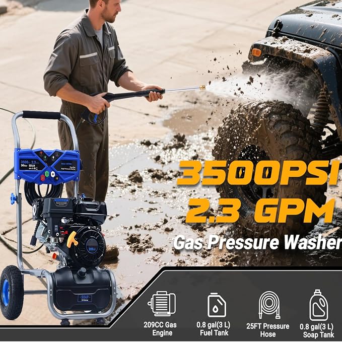 Pressure Washer Gas Powered 3500 PSI 2.3 GPM, 209CC Engine Gas Pressure Washer with 25FT Hose & 4 Quick-Connect Multi-Angle Nozzle, High Pressure Washer for Outdoor Cleaning