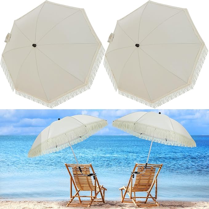Buryeah 2 Pcs Beach Chair Umbrella Automatic with Universal Adjustable Clamp 44" UPF 50+ Portable Clamp on Beach Chair for Wheelchair Patio Golf Carts Camping