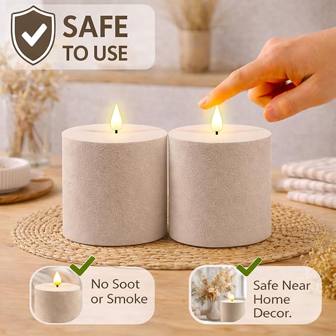 smtyle Grey 4x4 Inch Flameless Pillar Minimalist Textured Frosted Plastic Pottery Barn Style LED Flickering Battery Operated Candles with Remote for Home Decor, Relaxation, Meditation