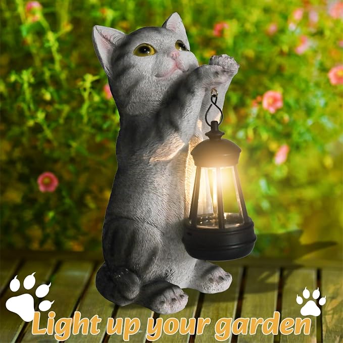 Cat Solar Lights Outdoor Garden, Cat Statue with Lantern for Cat Lover Gift | Cat Solar Lantern Garden Statue, Cat Fugurines Yard Art Lawn Ornaments Porch Patio Home Decor Gardening Gifts for Grandma Mom