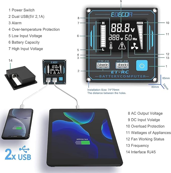 EDECOA 2000 Watt Power Inverter, DC 12V to AC 110V 120V 2000W Converter with LCD Display and Remote Controller Dual USB (with ET-RC Remote)