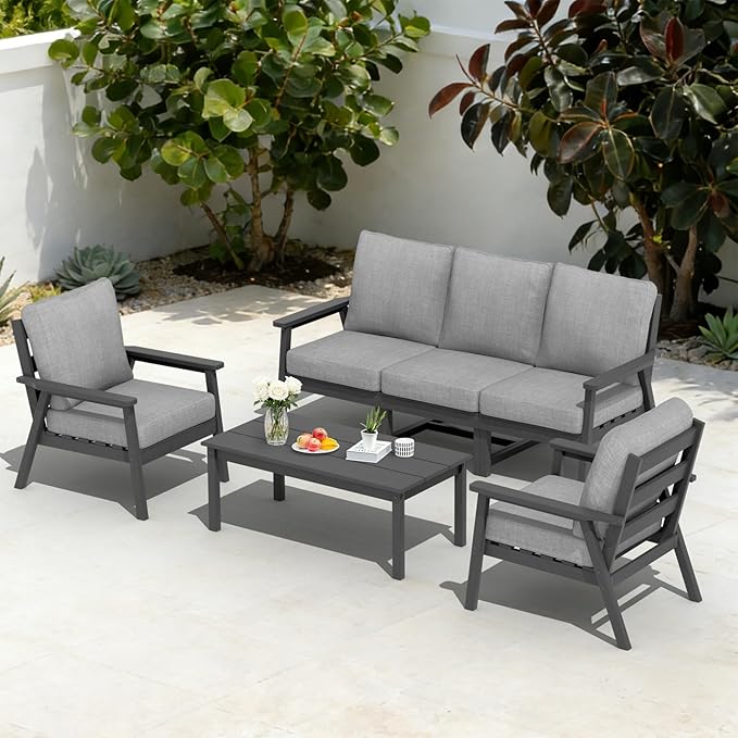 LOUNZY HDPE Patio Furinture Set, 6 Piece Sectional Sofa Outdoor Furniture Set, All Weather Outdoor Couch Set Patio Conversation Set for Deck, Lawn, Grey