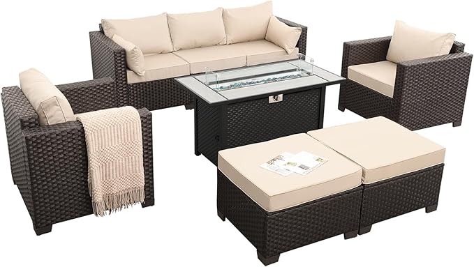 Patio Furniture Set 6-Piece Outdoor Furniture Set with 45'' Propane Gas Fire Pit Table Outdoor Conversation Set Wicker Sofa Set Non-Slip Cushions Waterproof Covers, Khaki