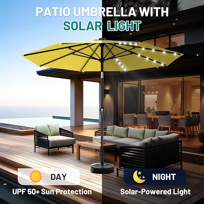AreShark 9FT Patio Umbrella with Solar Lights, 32 Lighted Pool Umbrella w/Tilt and Crank, Outdoor Market Solar Umbrellas for Garden, Deck, Backyard, Pool and Beach, Yellow