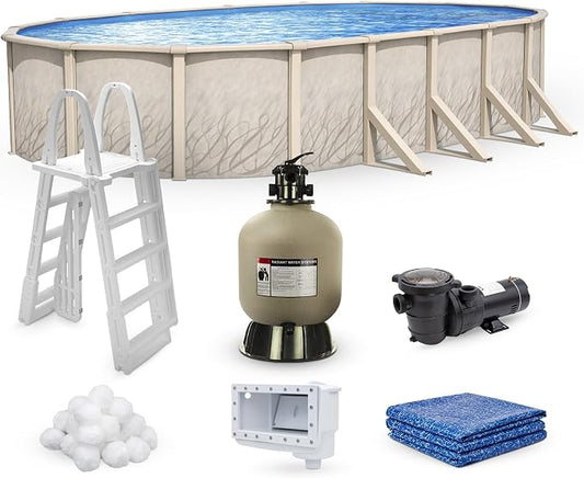 Lake Effect Pools 'Meadows Reprieve' 18 ft x 33 ft Oval Above Ground Swimming Pool Bundle | 52 Inch Steel Sided Walls | Kit Includes: 25 Gauge Liner, A-Frame Ladder, Sand Filter/Pump, & Skimmer