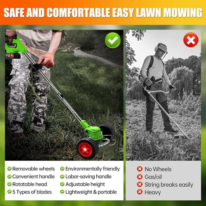 Cordless Weed Wacker Eater Battery Powered, Portable Grass Trimmer/Lawn Edger/Mower/Brush Cutter with 2 Li-Ion Battery for Lawn Garden Pruning/Trimming