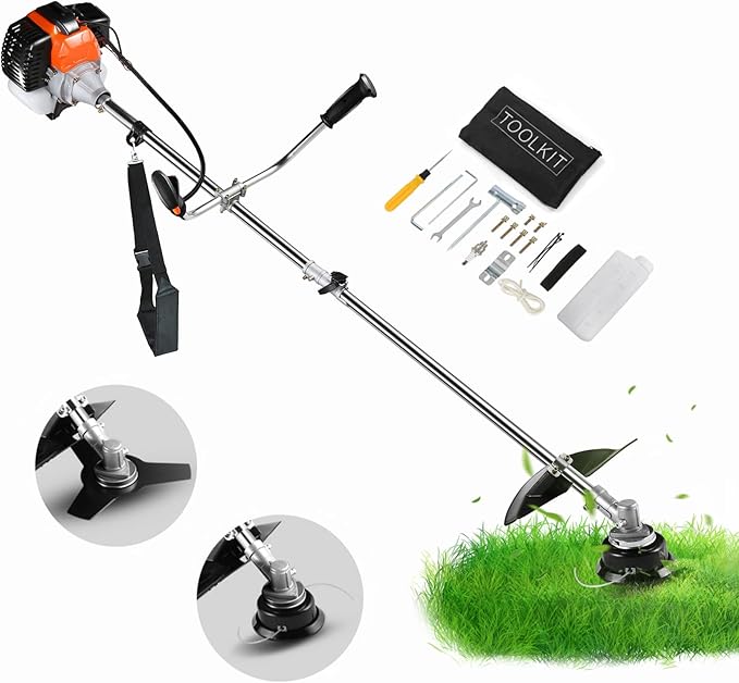 Weed Wacker Gas Powered 42.7CC Gas Brush Cutter 2-in-1 Cordless Grass Trimmer/Edger, 2-Cycle Gas String Trimmer with 2 Detachable Head for Lawn and Garden Care