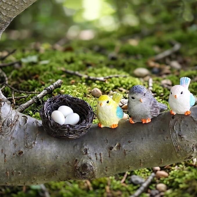 Fairy Garden Accessories, 7 Pieces Birds Resin Figures with Bird's Nest Mushroom, Handmade Miniature Decor, Garden Miniatures Home Outdoor Decors, Perfect DIY Gift