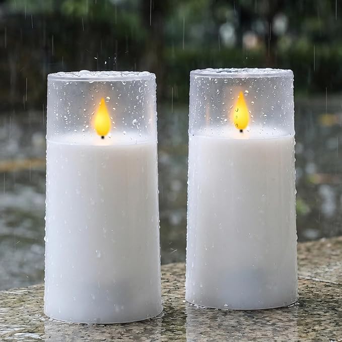 Homemory 3"×6" Battery Candles with Remote & Timer, White Acrylic Realistic Flickering LED Pillar Candles, Waterproof Fake Candle for Home and Lantern Decor, Set of 2