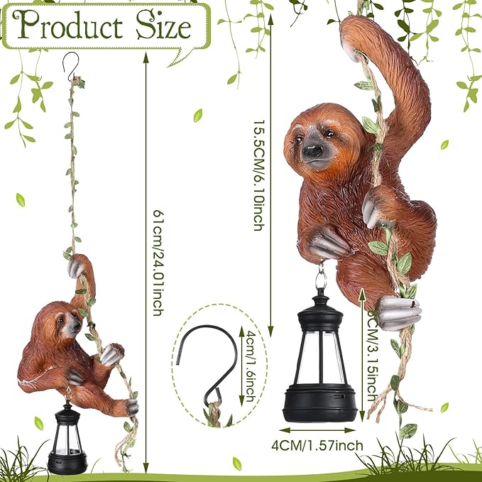 Mudder Solar Light Sloth Garden Statues 7.5'' Resin Hanging Figurine Climbing on 24" L Vine with LED Lantern Decorative Sculpture Waterproof Statues with Hook for Yard Outdoor Patio Yard Wall Decor