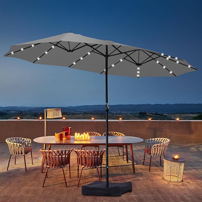 15ft Double Sided Patio Umbrella with Solar Lights, Outdoor Large Umbrellas with Crank Handle and 36 LED Lights, Rectangular Market Umbrella with Base Included for Deck Pool Shade (With Base)