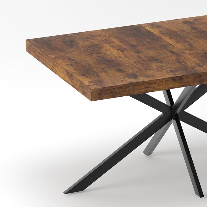 55.11" -70.86" Extendable Dining Room Table, Retro Folding Dining Tables for 4-6 People with Antique Wood Top/Black Fine Sand Cross Iron Foot Base/Storage Box, Brown
