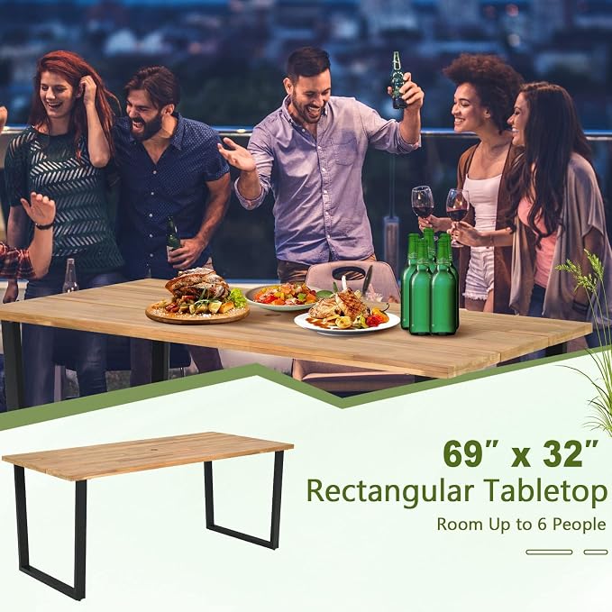 HAPPYGRILL Acacia Wood Dining Table for 6, Outdoor Patio Table with Metal Frame and 2 inch Umbrella Hole, 69 x 32 inch Rectangular Outdoor Table for Porch Balcony Garden