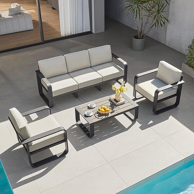 CHITA Aluminum Patio Furniture Sets, 5 Seats Patio Conversation Sets with Coffee Table, 4 Pieces Patio Sofa Sets with Thickened Olefin Fabric Cushion for Backyard, Garden, Balcony and Poolside