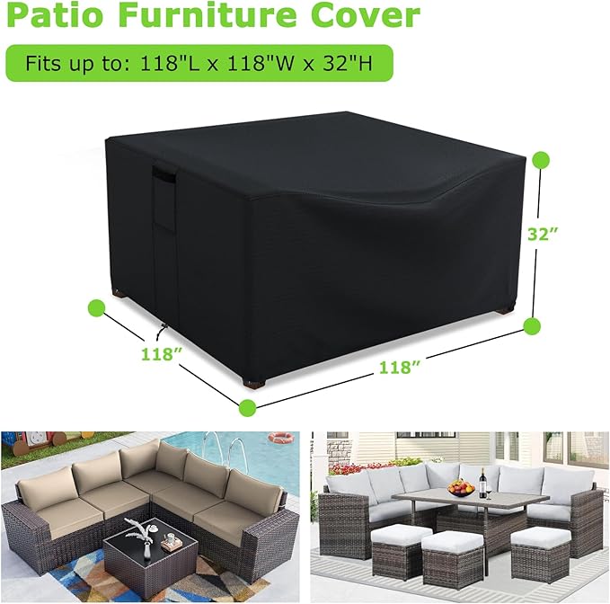 Patio Furniture Covers Waterproof, Heavy Duty 600D Outdoor Furniture Covers for Outside Sectional Sofa Set,Tear Resistance and Anti-UV, Black,118"L x 118"W x 32"H