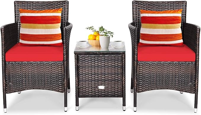 Tangkula Patio Furniture Set 3 Piece, Outdoor Wicker Rattan Conversation Set with Coffee Table, Chairs & Thick Cushions, Suitable for Patio Garden Lawn Backyard Pool (Red)
