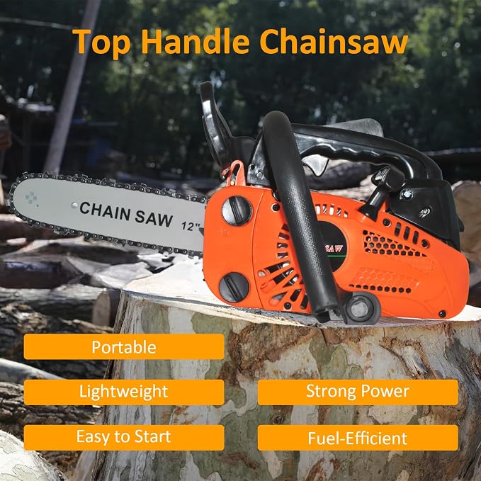 26CC 2-Cycle Top Handle Gas Powered Chainsaw 12 Inch Petrol Handheld Cordless Chain Saw, Portable Chain Saws for Trees Trimming Wood Cutting