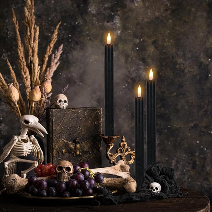 Wondise Halloween Flameless Taper Candles with Timer, Battery Operated Real Wax Black LED Candles 3D Wick Flickering Flame for Halloween Home Decoration, Set of 6（D0.78 x H9.5 Inch