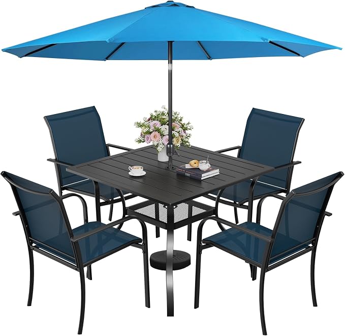 Incbruce 6 Pieces Paito Dining Set with Sky Blue Umbrella, Outdoor Metal Dining Set of 4 Textilene Chairs and Square Table with Umbrella Hole for Garden, Porch and Backyard (Blue)