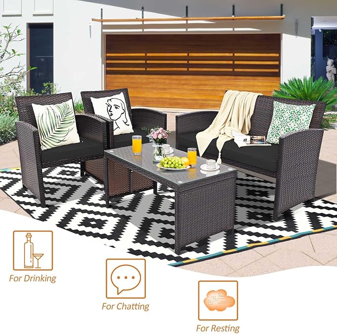 HAPPYGRILL 4 Pieces Rattan Conversation Set Outdoor Wicker Furniture Set with Tempered Glass Coffee Table, Soft Cushions, Weather-Resistant Rattan Chair Set for Garden Backyard Poolside (Black)