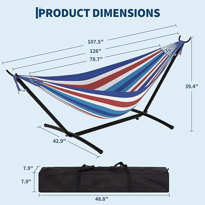 TrailBlaze Double Hammock with Stand, Heavy Duty Portable Steel Hammock Set for Outdoor and Indoor Use, 500lb Capacity, Includes Carrying Bag, Space Saving Design,Quick Assembly