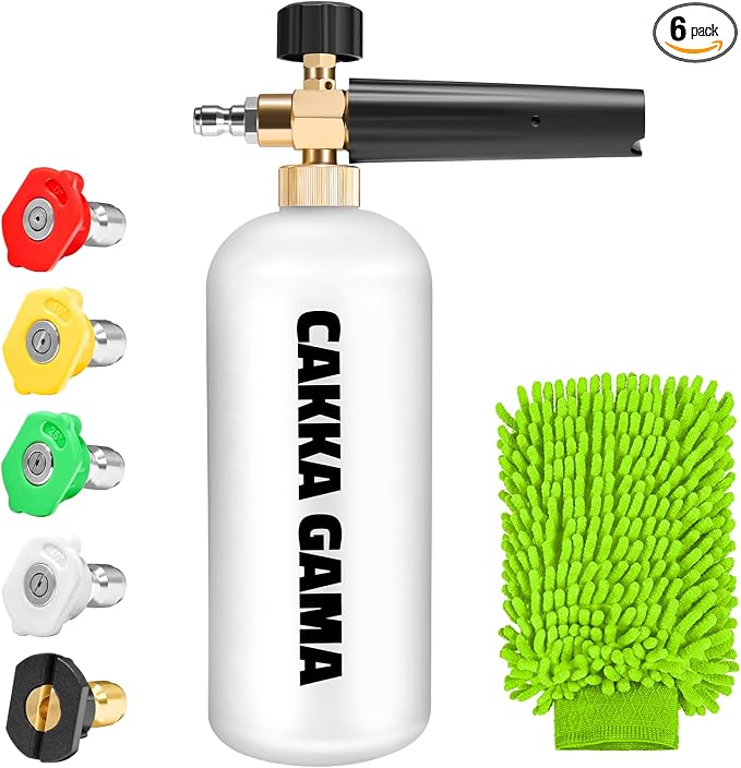 Foam Cannon for Pressure Washer, Industrial Car Wash Foam Sprayer with 1/4 Inch Quick Connector, Adjustable Soap Cannon with 5 Pressure Washer Nozzle Tips for Car Detailing, 1 Liter