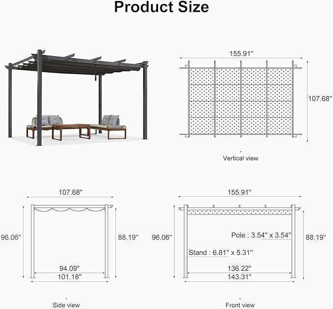 PURPLE LEAF 9.5' X 13' Outdoor Retractable Pergola Against The Wall with Shade Canopy Patio Aluminum Shelter for Porch Garden Pavilion Grill Gazebo Modern Backyard Metal Grape Trellis Pergola, Gray